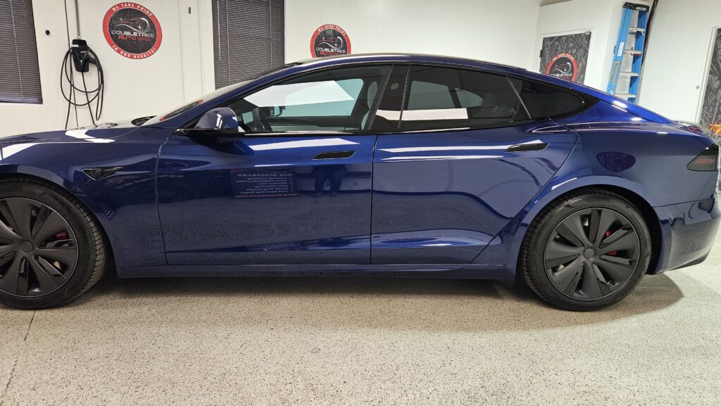 Blue car with tinted windows